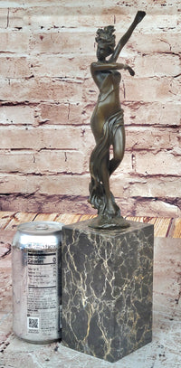 Semi Nude Girl With Dress Blowing in Wind Art Deco Bronze Sculpture Figure Marble Base 13" x 5"