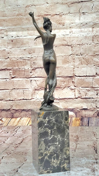 Semi Nude Girl With Dress Blowing in Wind Art Deco Bronze Sculpture Figure Marble Base 13" x 5"