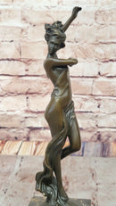 Semi Nude Girl With Dress Blowing in Wind Art Deco Bronze Sculpture Figure Marble Base 13" x 5"