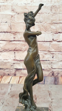 Semi Nude Girl With Dress Blowing in Wind Art Deco Bronze Sculpture Figure Marble Base 13" x 5"