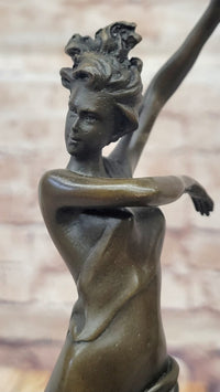 Semi Nude Girl With Dress Blowing in Wind Art Deco Bronze Sculpture Figure Marble Base 13" x 5"