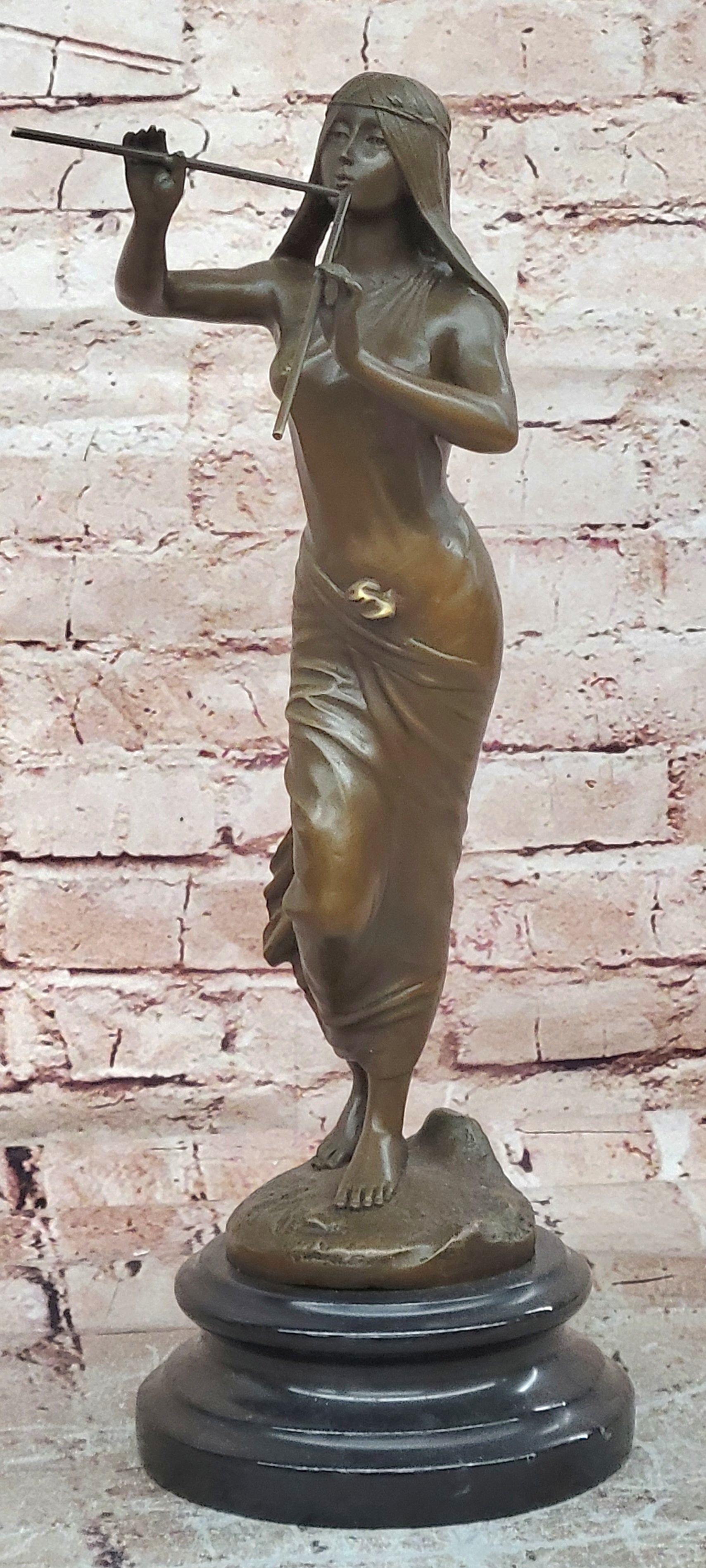 Native American Indian Girl Playing Flute Bronze Statue Figurine Sculpture Artwork
