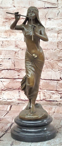 Native American Indian Girl Playing Flute Bronze Statue Figurine Sculpture Artwork