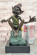 Funny Goblin Bronze Statue on Marble Base Whimsical Elf Home Decor Sculpture
