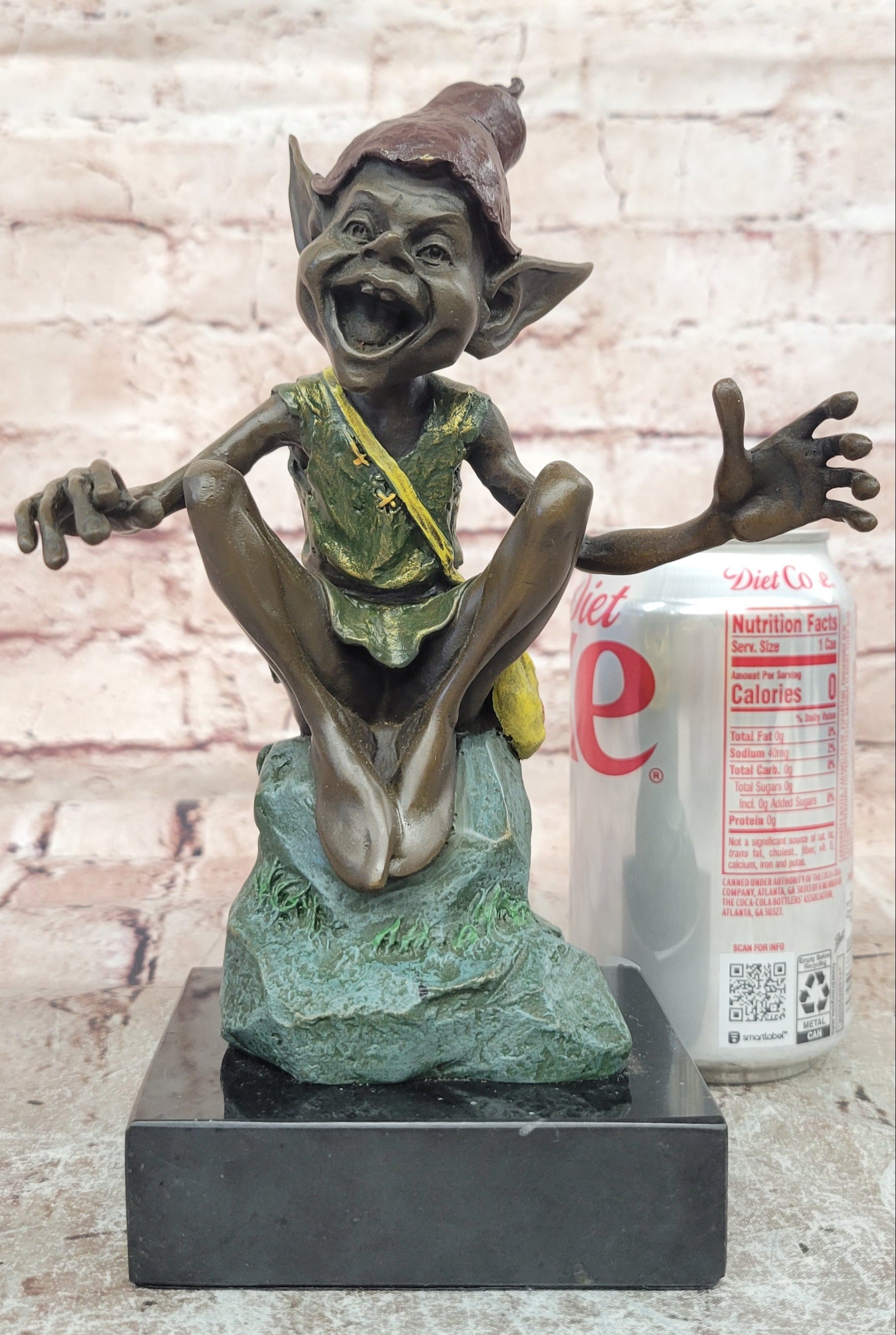 Funny Goblin Bronze Statue on Marble Base Whimsical Elf Home Decor Sculpture