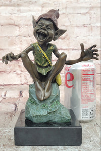 Funny Goblin Bronze Statue on Marble Base Whimsical Elf Home Decor Sculpture