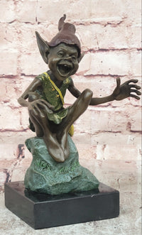 Funny Goblin Bronze Statue on Marble Base Whimsical Elf Home Decor Sculpture