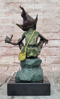 Funny Goblin Bronze Statue on Marble Base Whimsical Elf Home Decor Sculpture