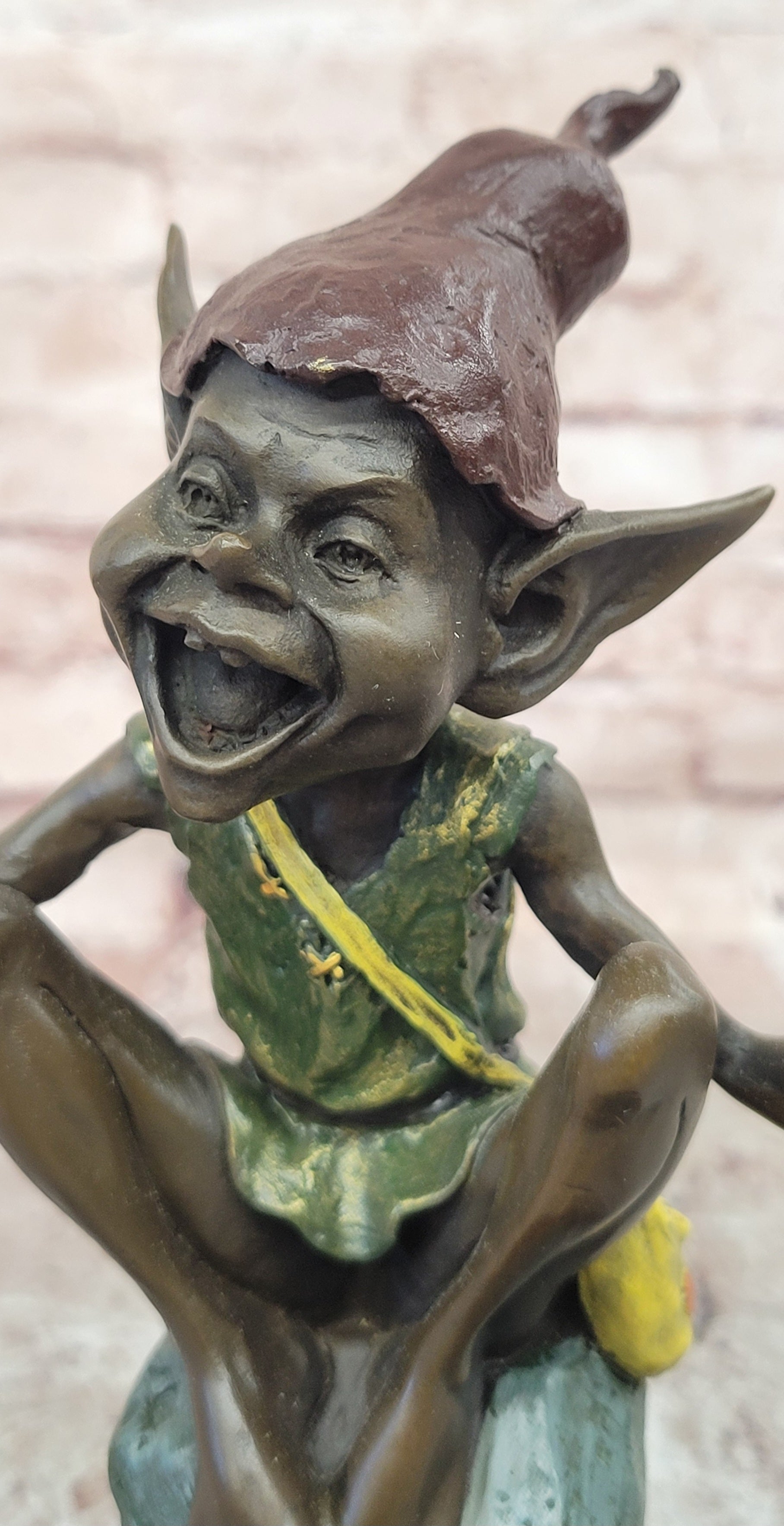 Funny Goblin Bronze Statue on Marble Base Whimsical Elf Home Decor Sculpture