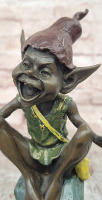 Funny Goblin Bronze Statue on Marble Base Whimsical Elf Home Decor Sculpture
