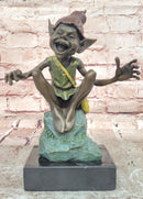 Funny Goblin Bronze Statue on Marble Base Whimsical Elf Home Decor Sculpture