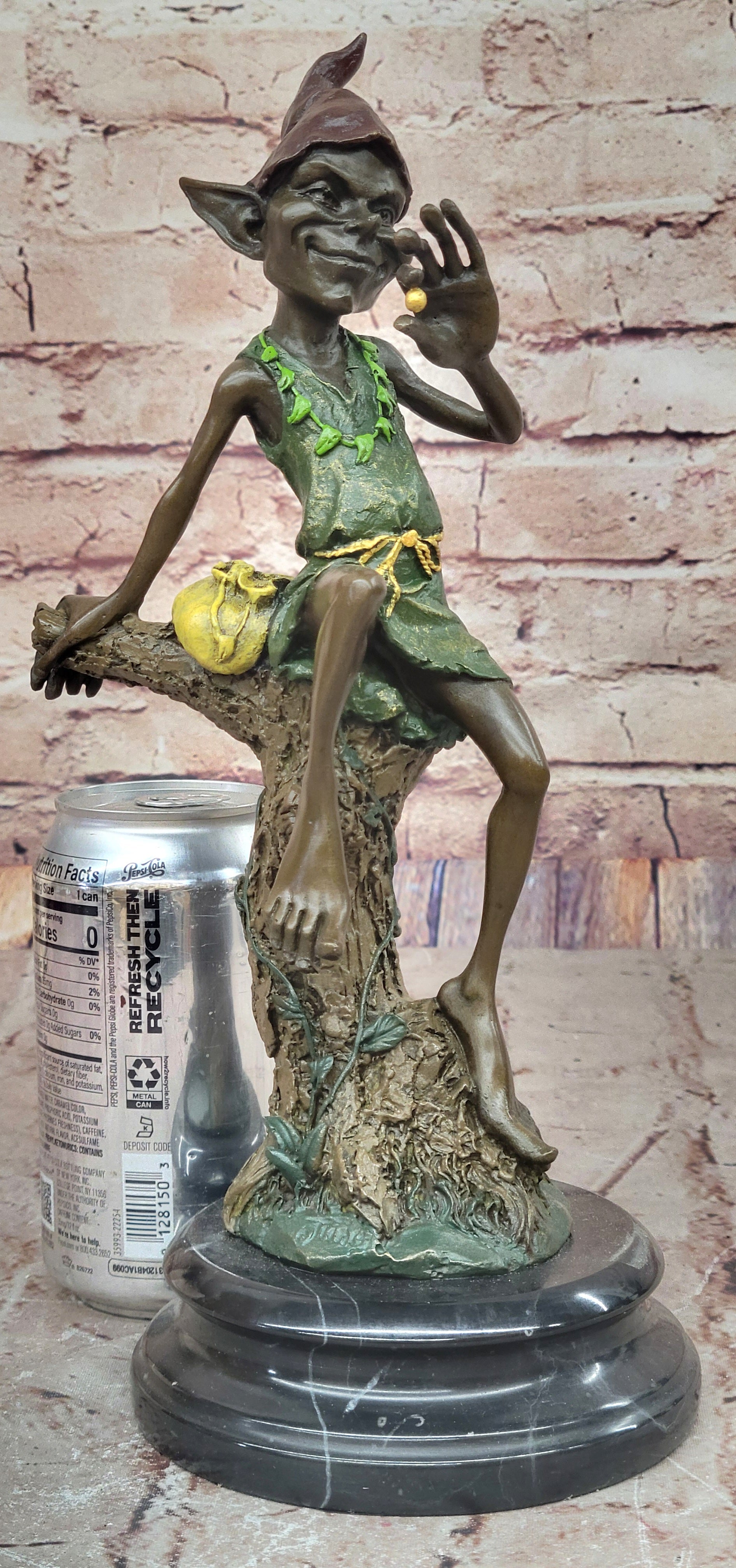 Bronze Elf Leprechaun Sitting on Tree Stump Sculpture