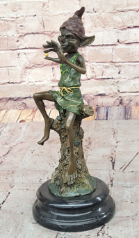 Bronze Elf Leprechaun Sitting on Tree Stump Sculpture