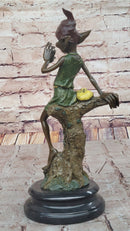 Bronze Elf Leprechaun Sitting on Tree Stump Sculpture
