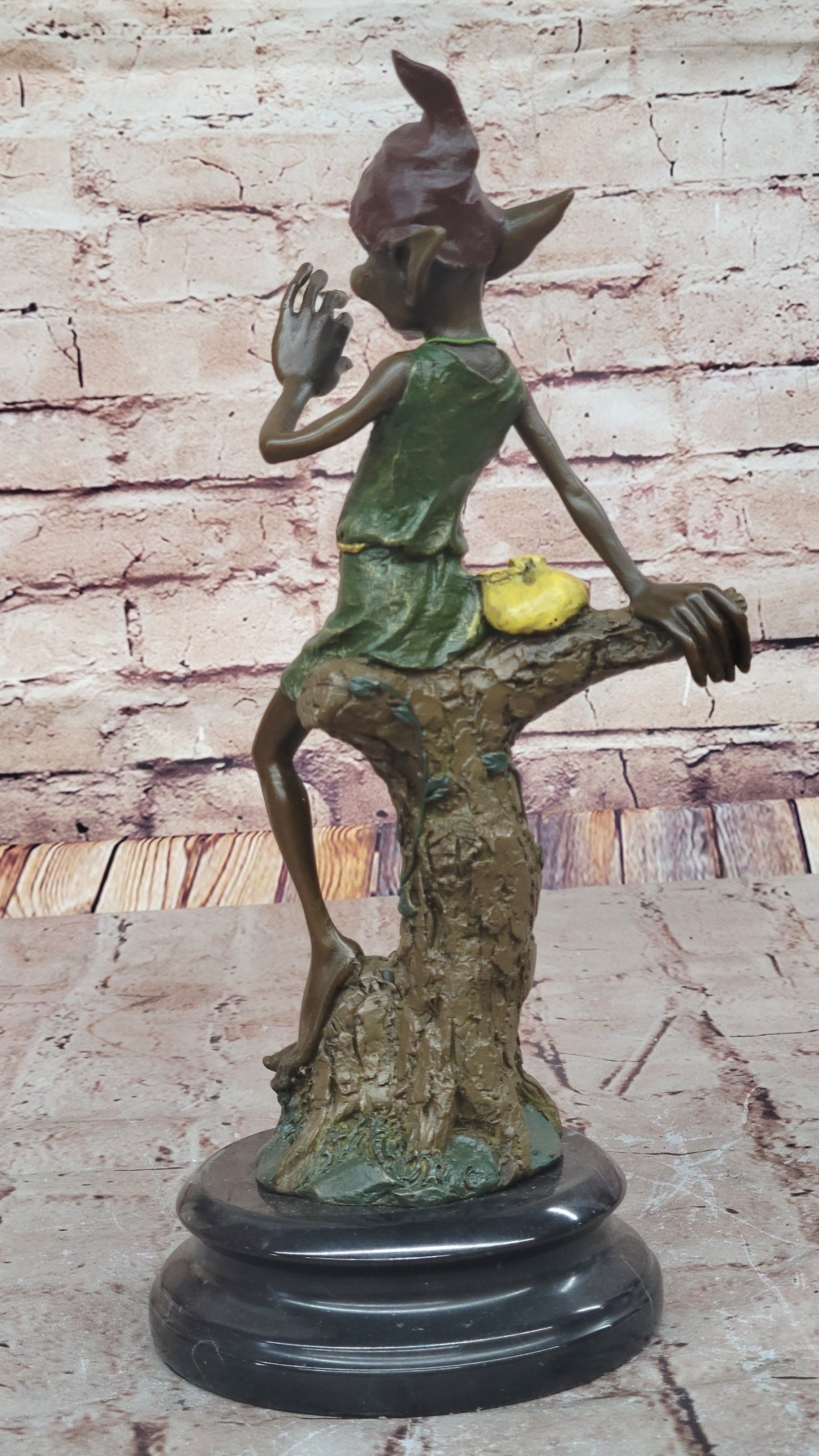 Bronze Elf Leprechaun Sitting on Tree Stump Sculpture