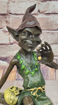 Bronze Elf Leprechaun Sitting on Tree Stump Sculpture