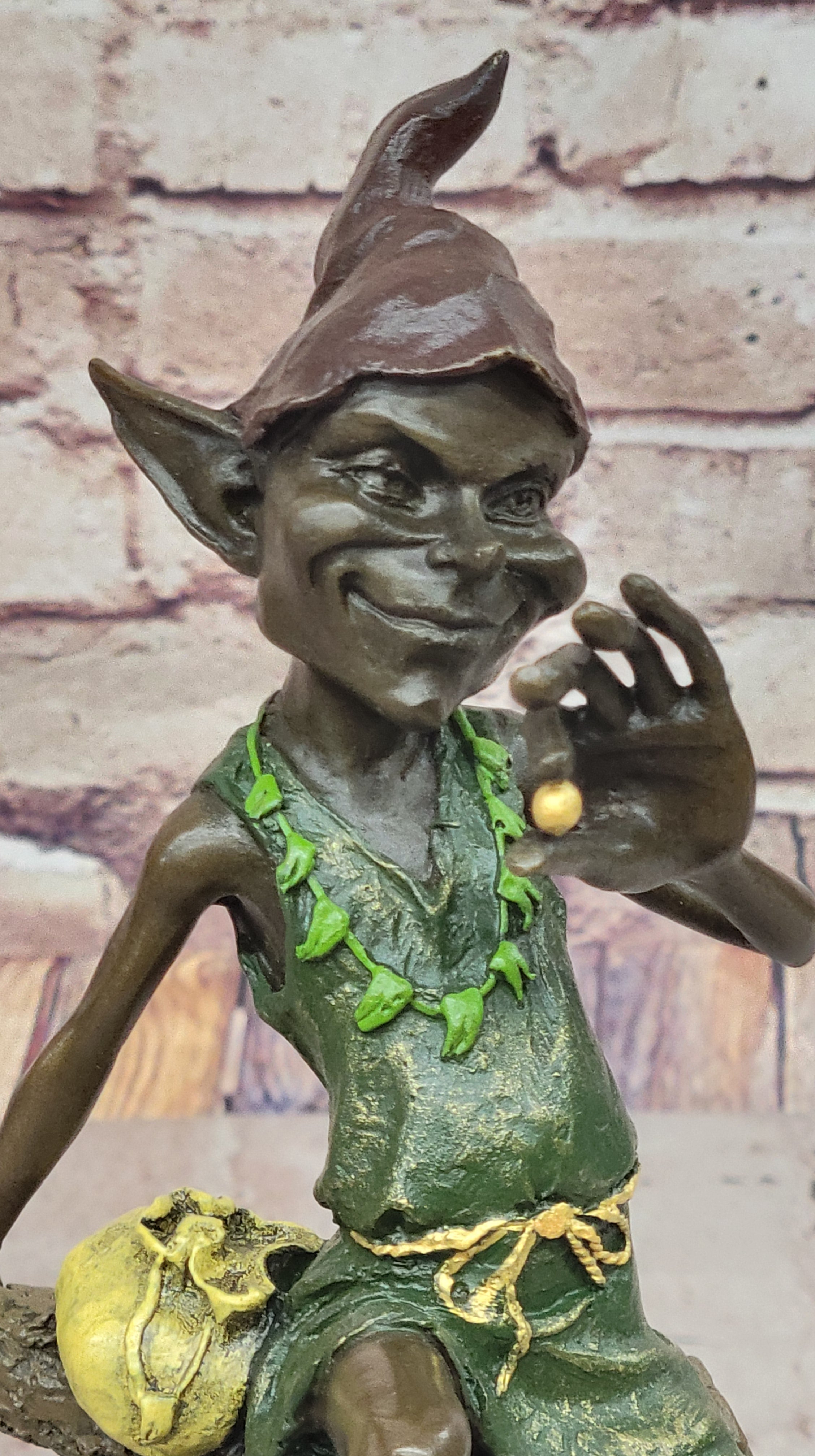 Bronze Elf Leprechaun Sitting on Tree Stump Sculpture