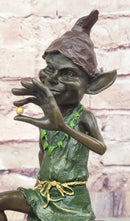 Bronze Elf Leprechaun Sitting on Tree Stump Sculpture