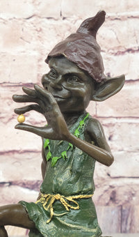 Bronze Elf Leprechaun Sitting on Tree Stump Sculpture