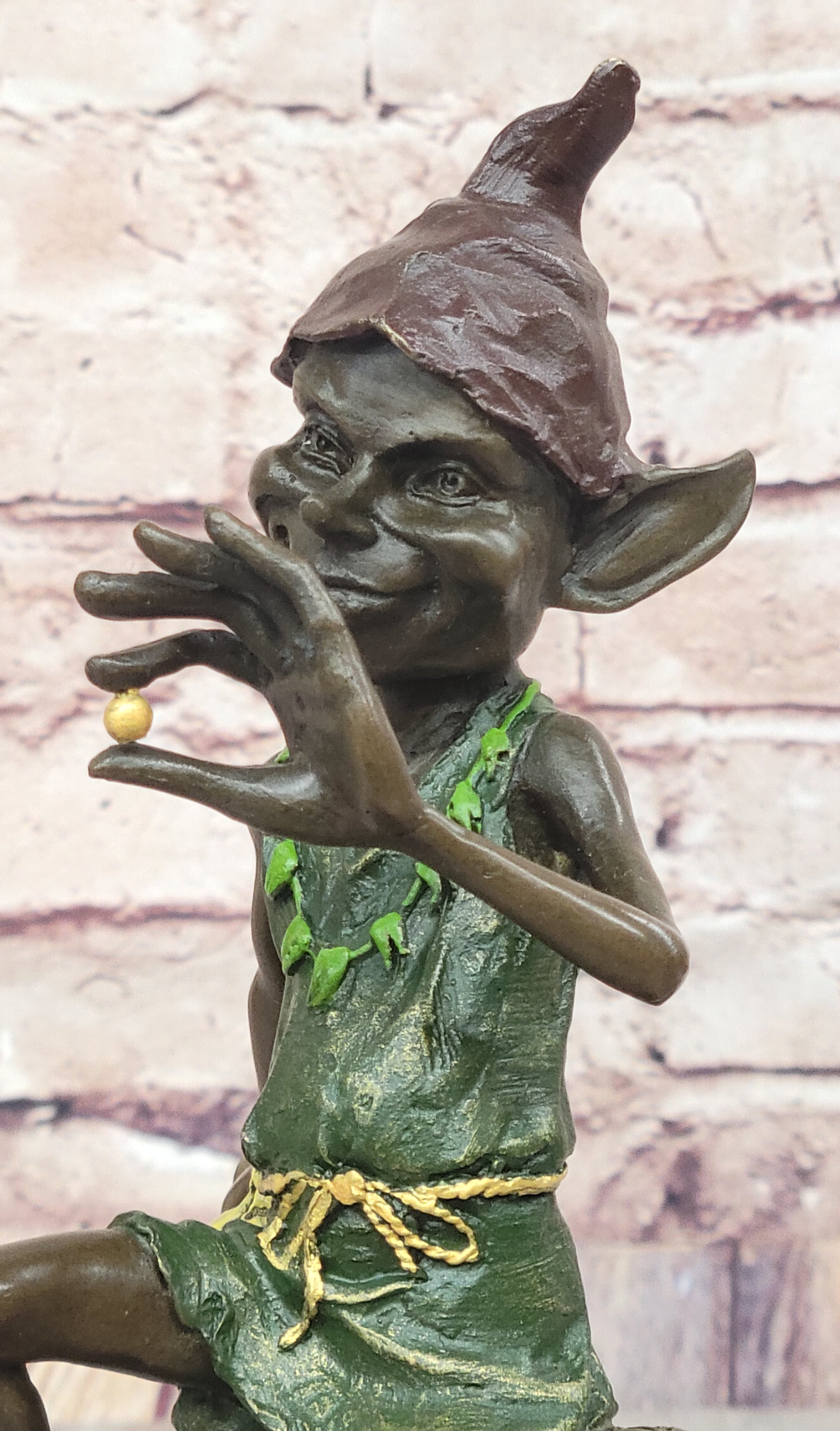 Bronze Elf Leprechaun Sitting on Tree Stump Sculpture
