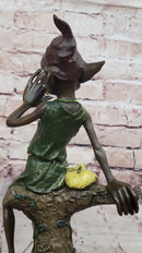Bronze Elf Leprechaun Sitting on Tree Stump Sculpture