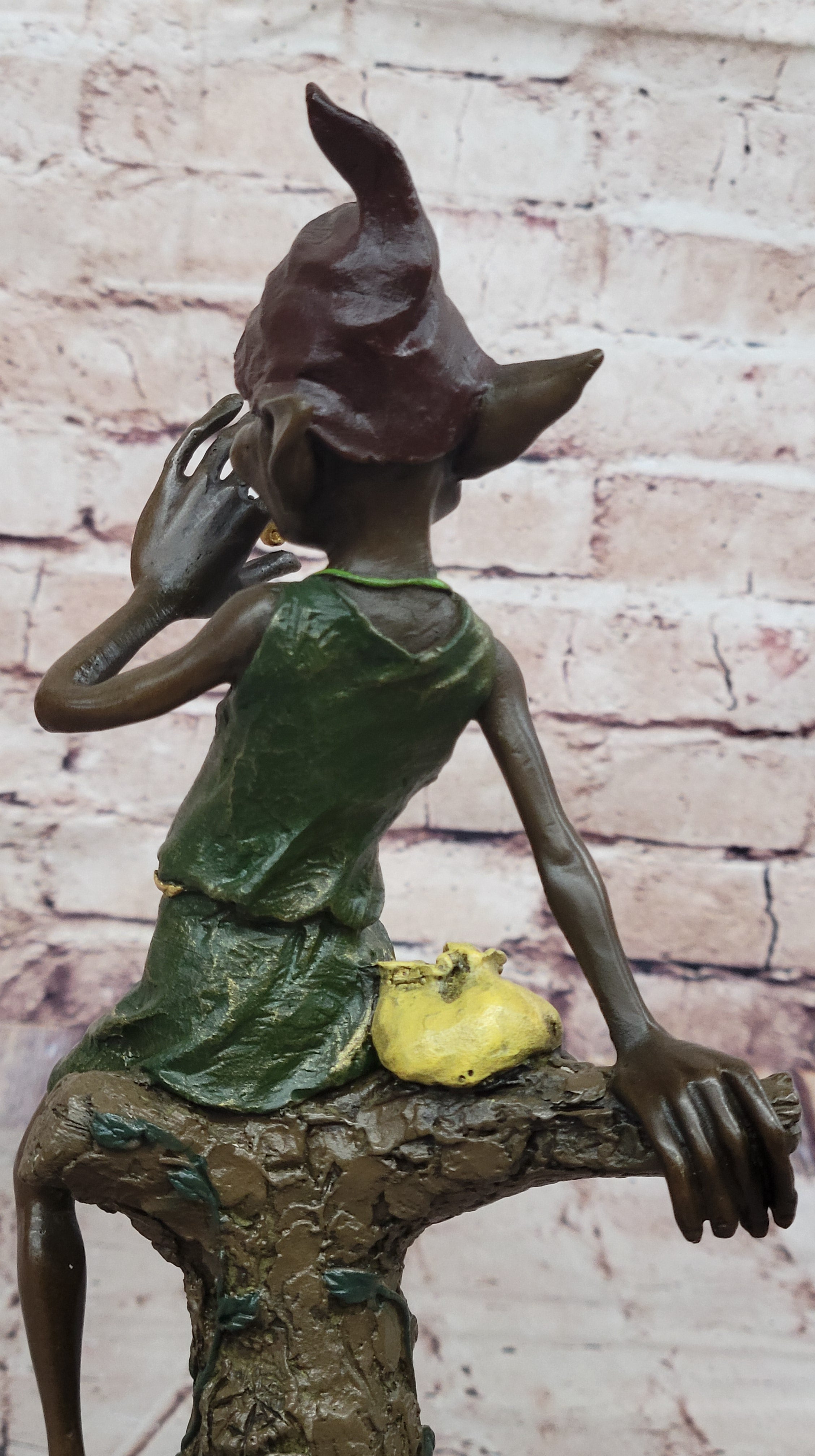 Bronze Elf Leprechaun Sitting on Tree Stump Sculpture