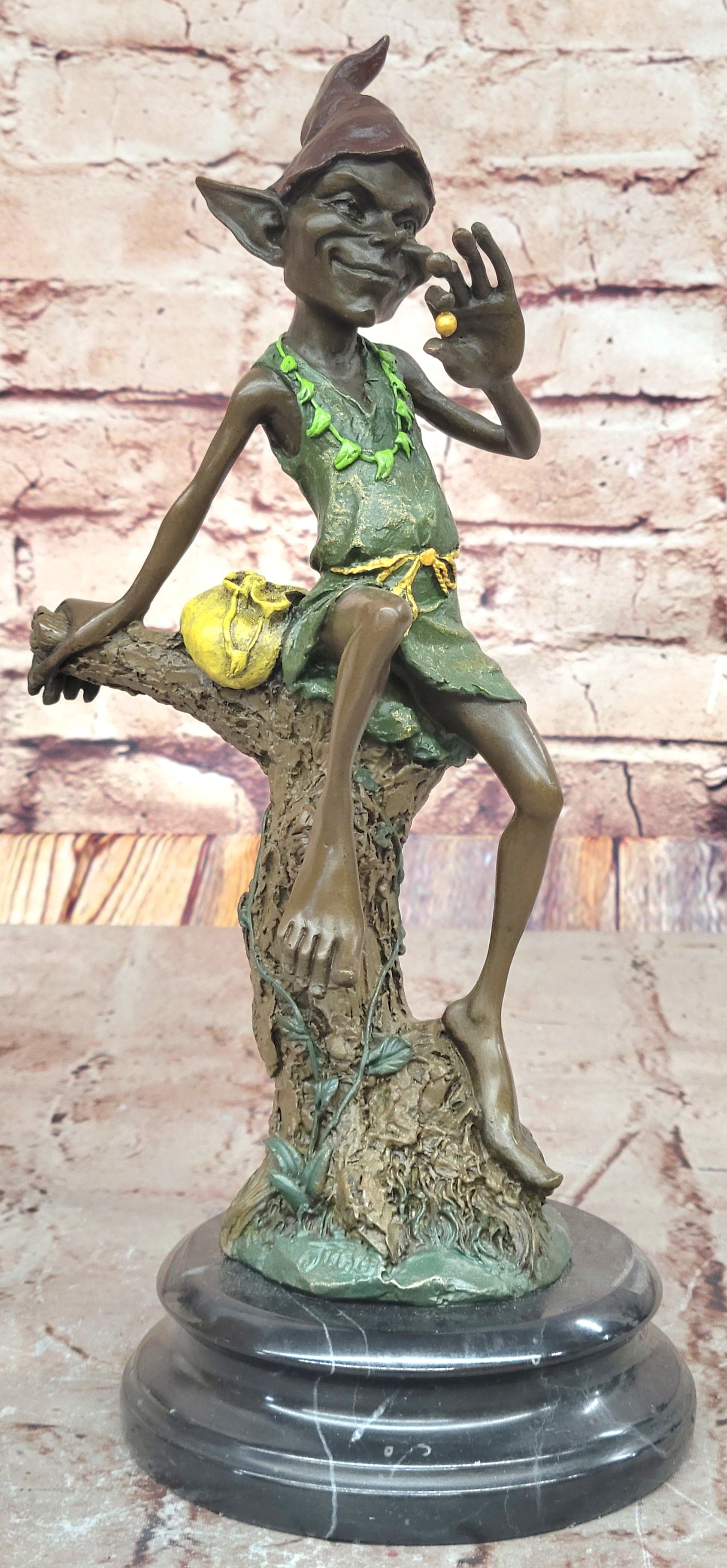 Bronze Elf Leprechaun Sitting on Tree Stump Sculpture