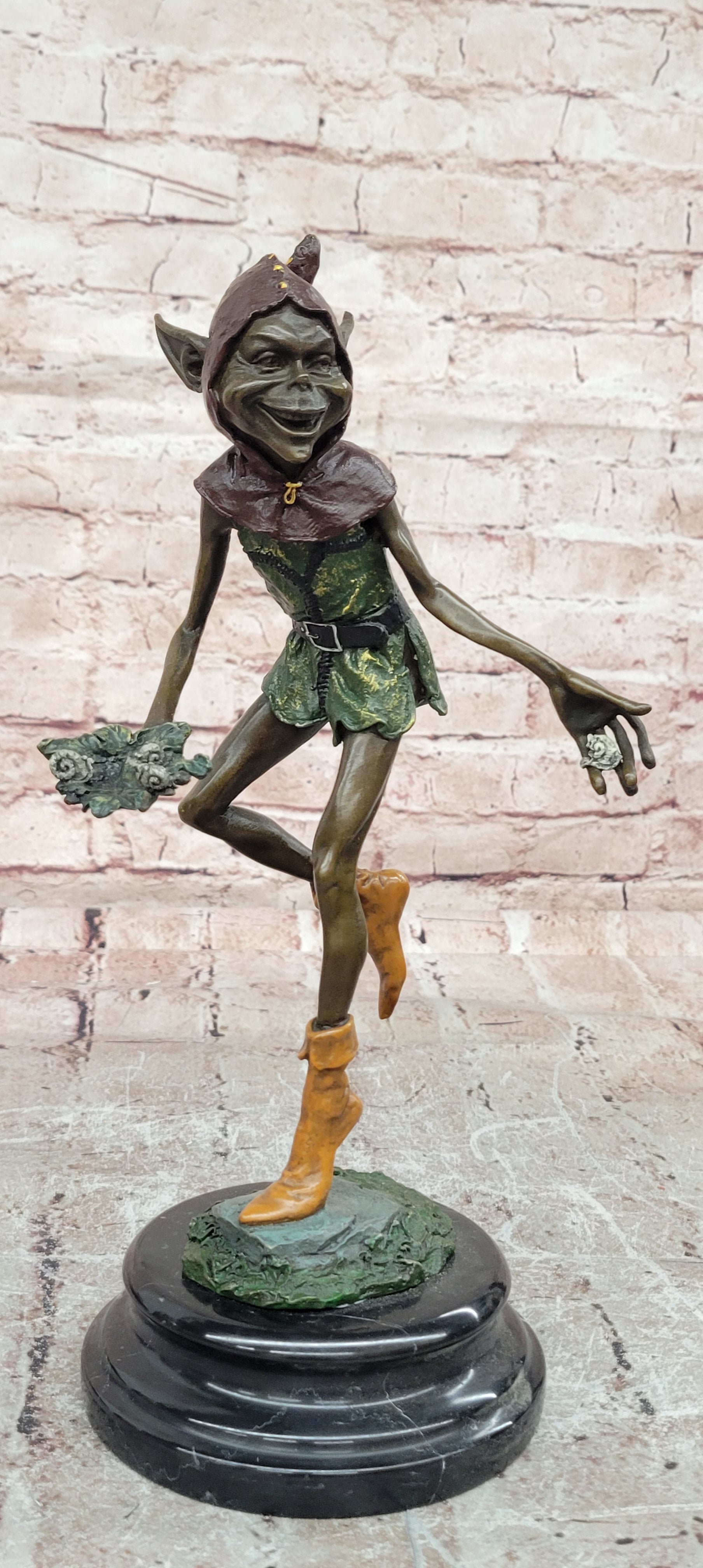 Garden Goblin with Snails Bronze Sculpture on Marble Base Hand Made Artwork