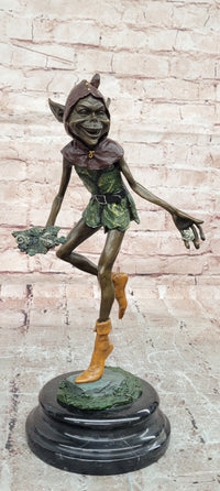 Garden Goblin with Snails Bronze Sculpture on Marble Base Hand Made Artwork