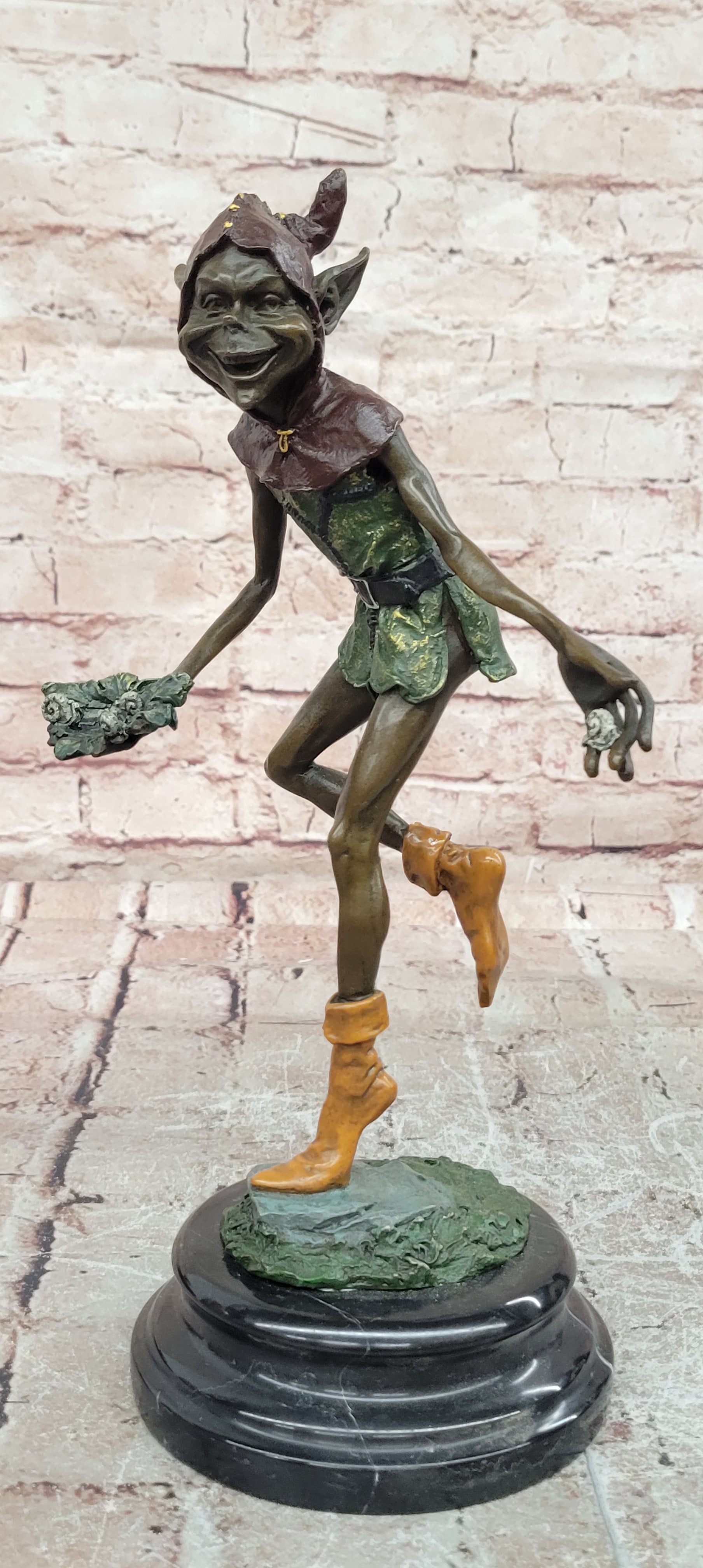 Garden Goblin with Snails Bronze Sculpture on Marble Base Hand Made Artwork