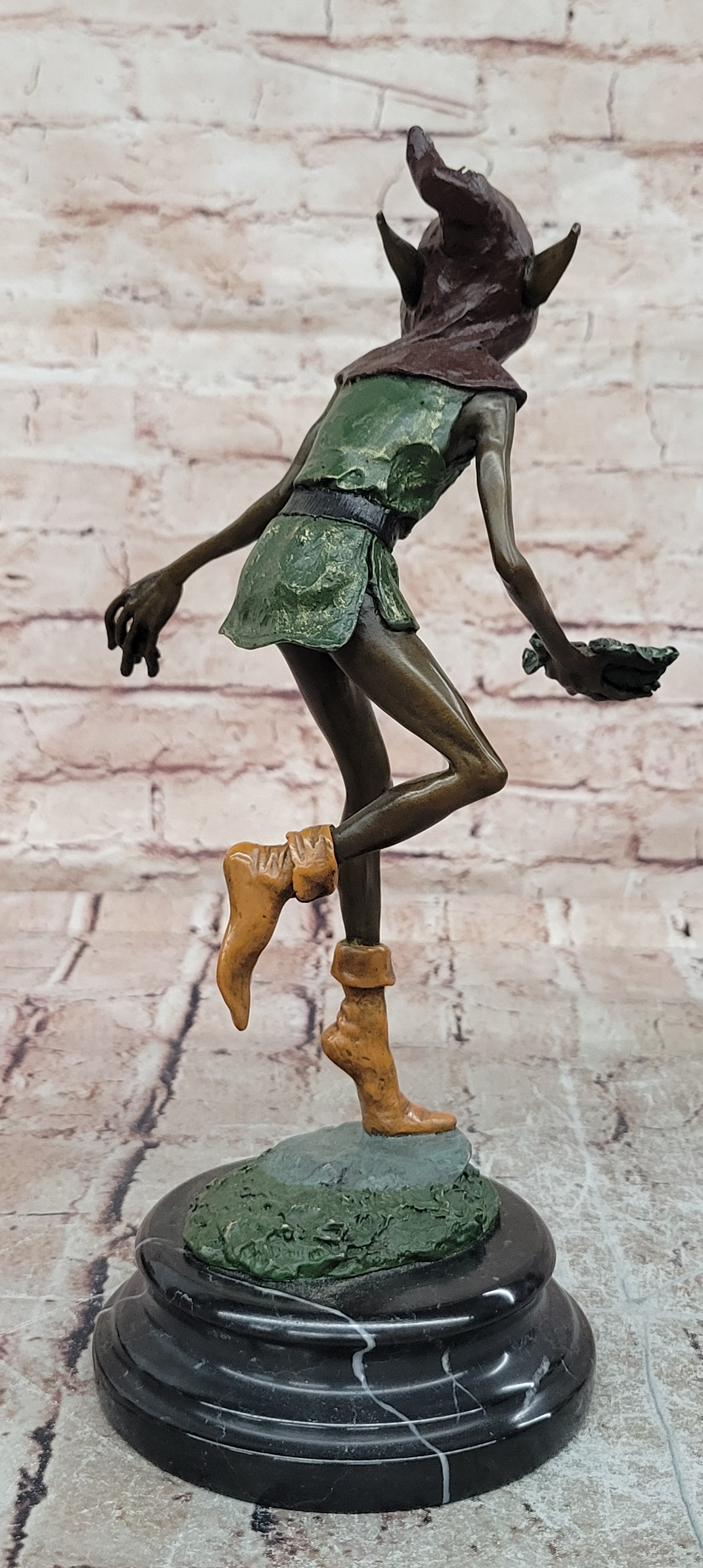 Garden Goblin with Snails Bronze Sculpture on Marble Base Hand Made Artwork