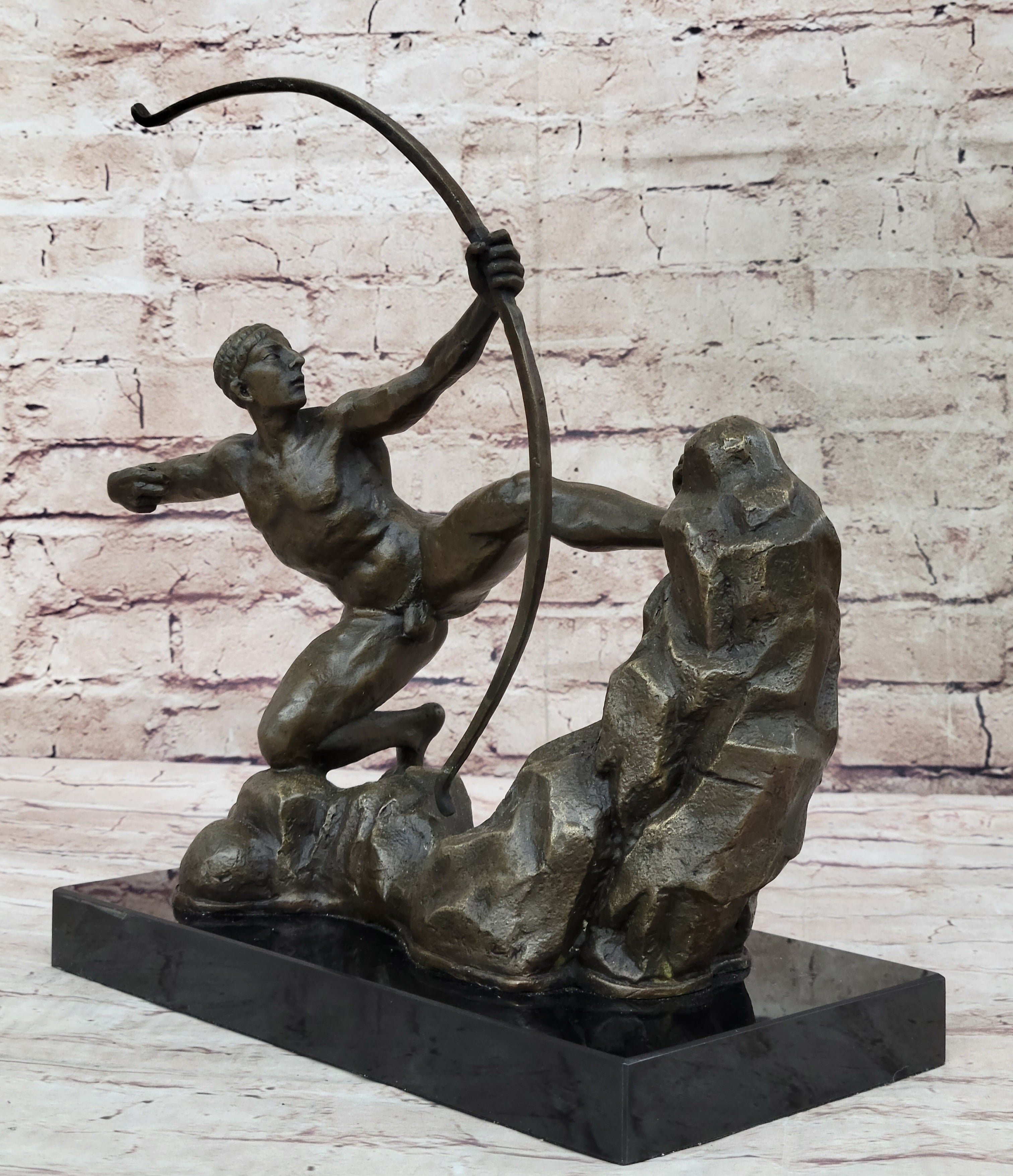 Nude Male Archer Classical Bronze Sculpture Figure on Marble Base