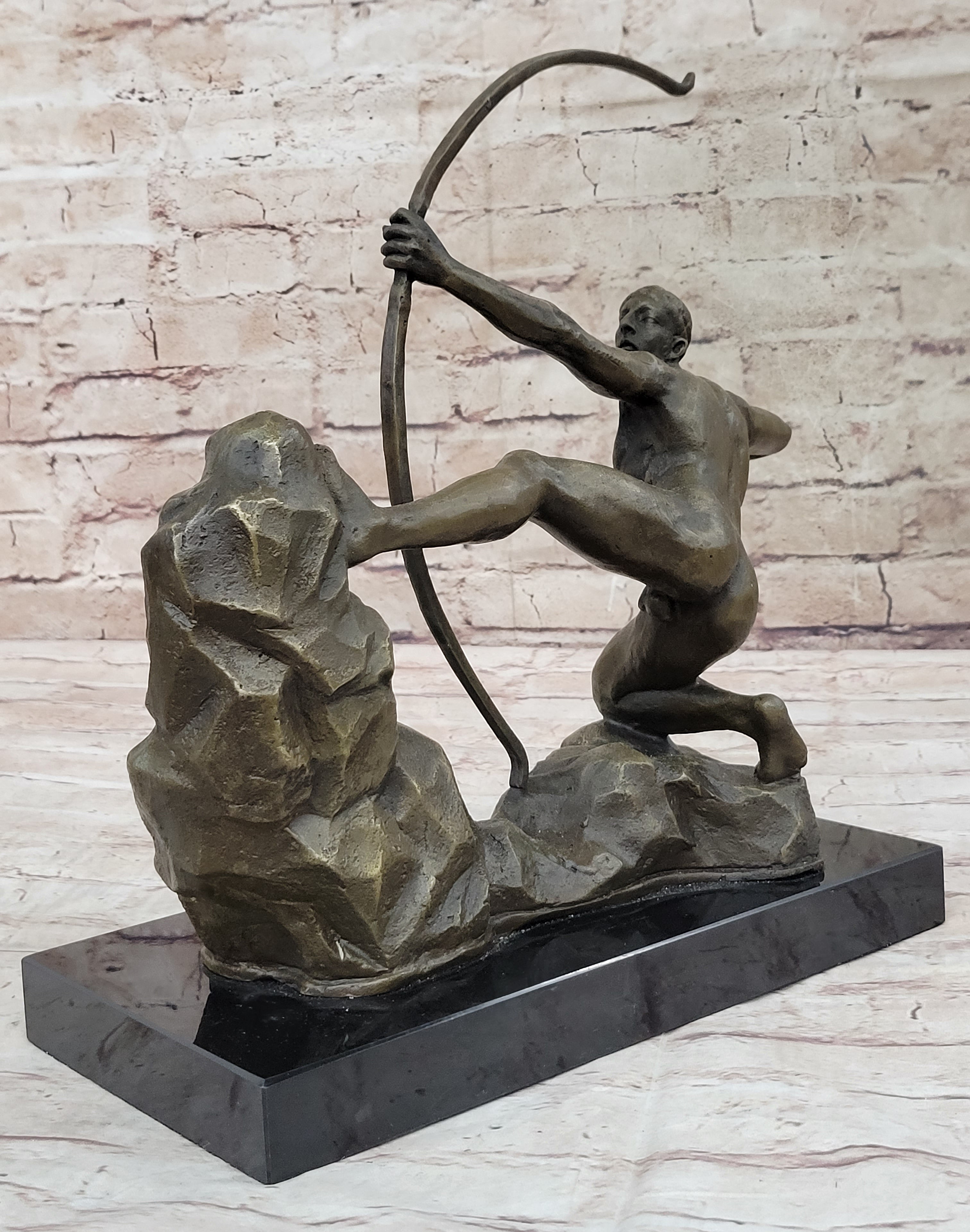Nude Male Archer Classical Bronze Sculpture Figure on Marble Base