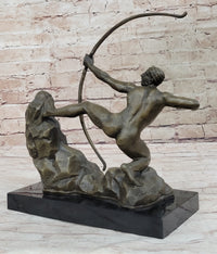 Nude Male Archer Classical Bronze Sculpture Figure on Marble Base