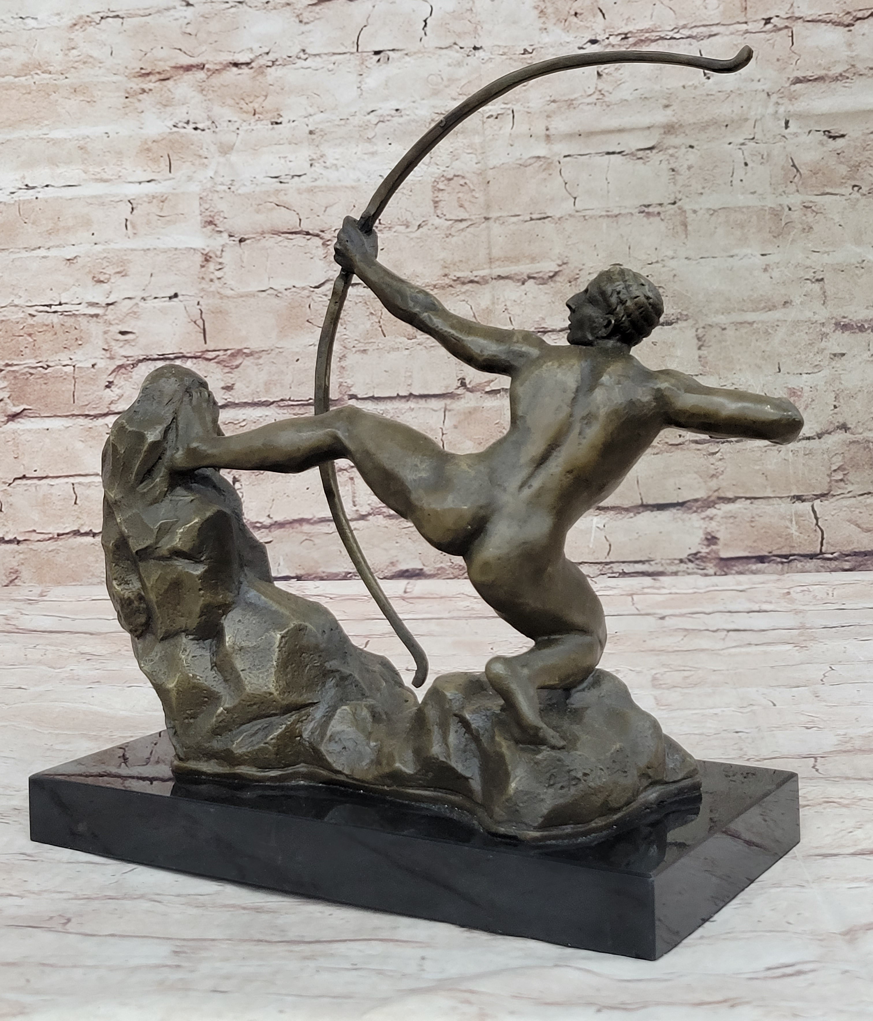 Nude Male Archer Classical Bronze Sculpture Figure on Marble Base