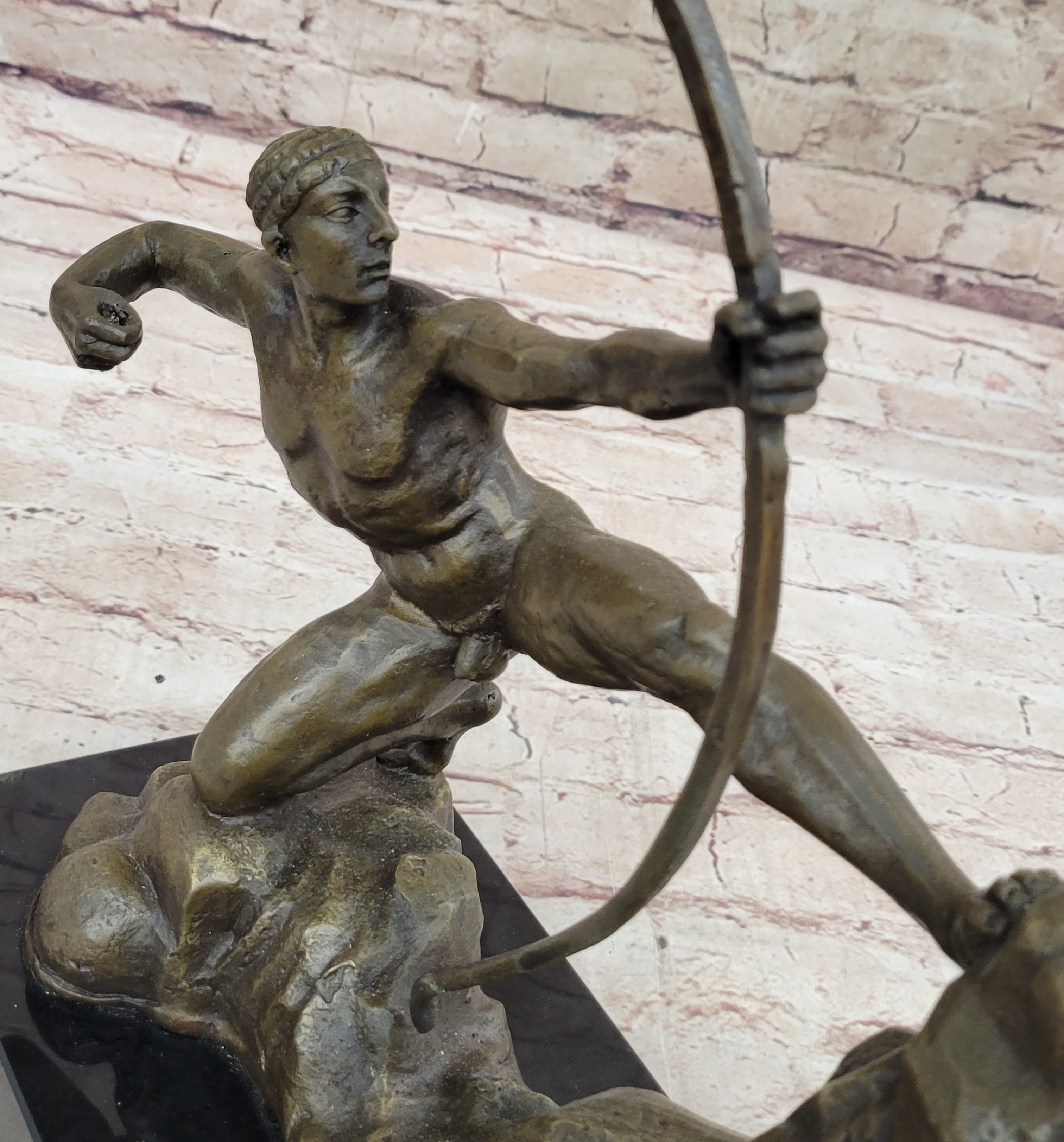 Nude Male Archer Classical Bronze Sculpture Figure on Marble Base