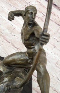 Nude Male Archer Classical Bronze Sculpture Figure on Marble Base