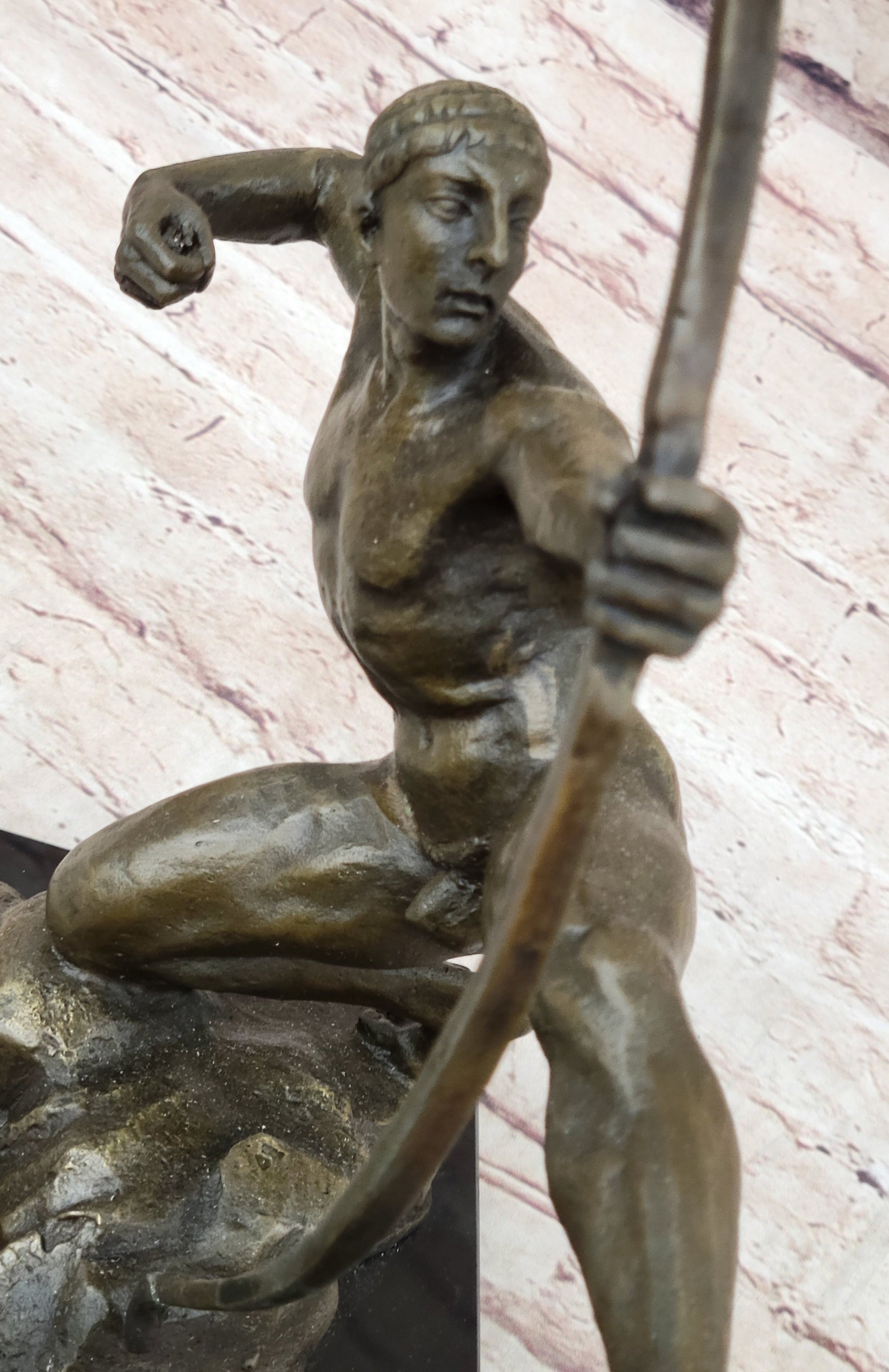 Nude Male Archer Classical Bronze Sculpture Figure on Marble Base