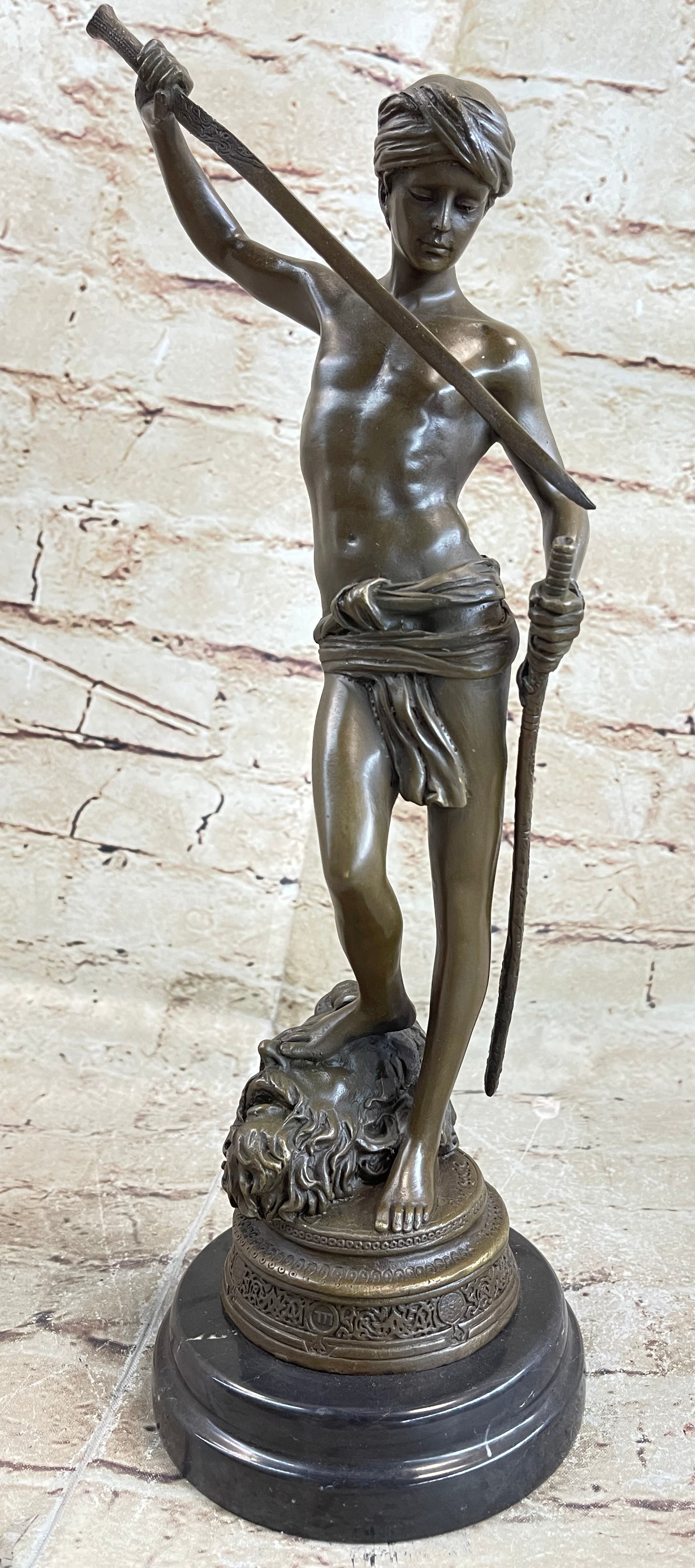 David and Goliath by Mercie Bronze Sculpture Marble Base
