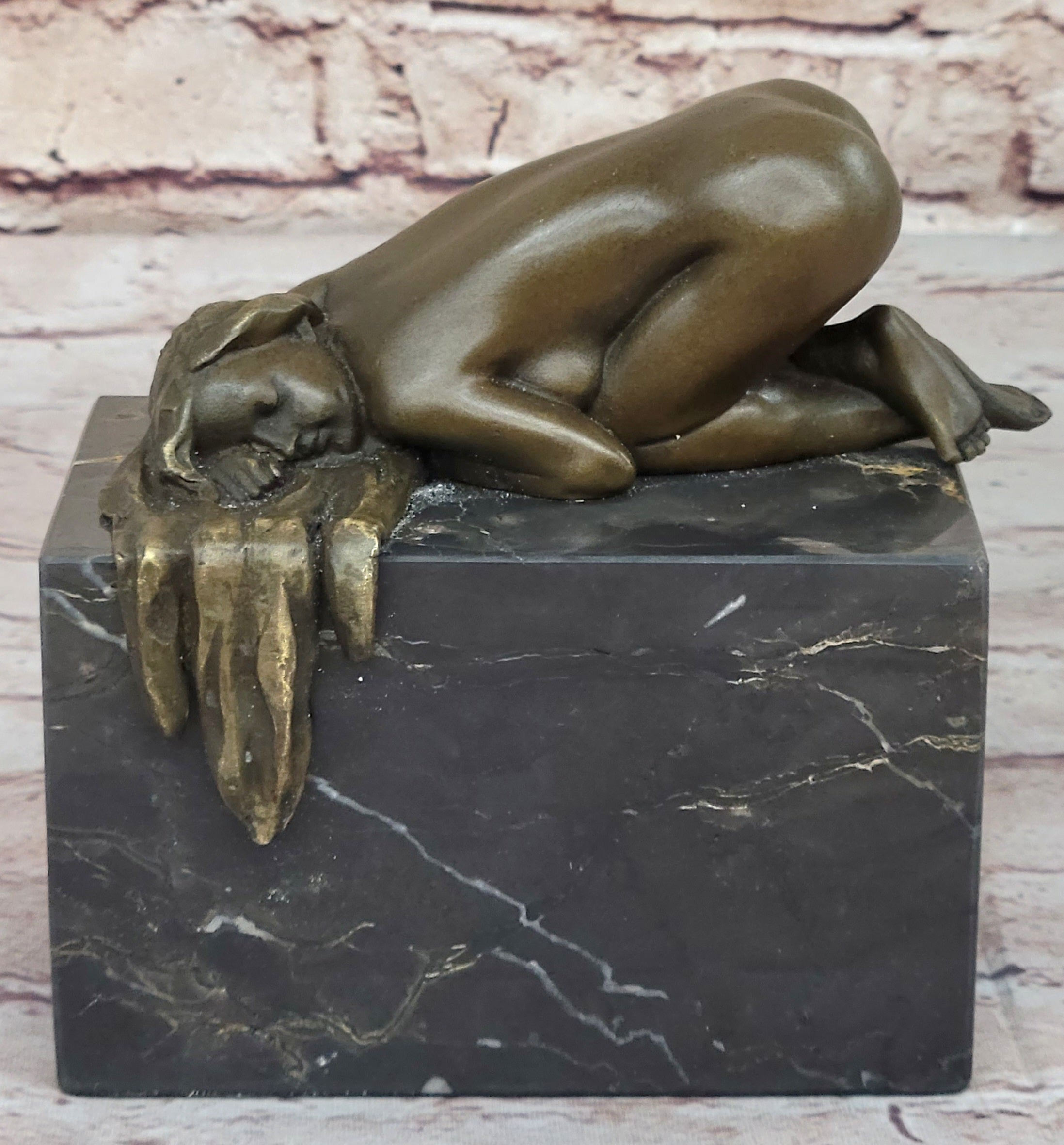 Erotic Bronze Figure Girl Yoga Pose Sculpture Signed 6" x 5"