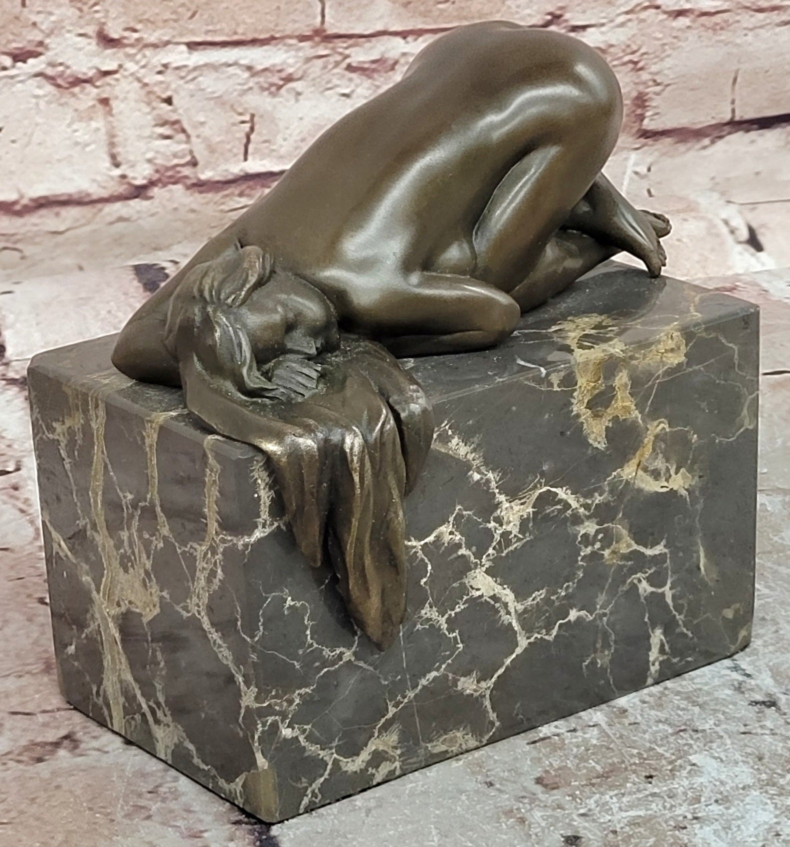 Sleeping Nude Girl Statue Woman Sculpture bronze Marble Base Naked Female Artwork Art