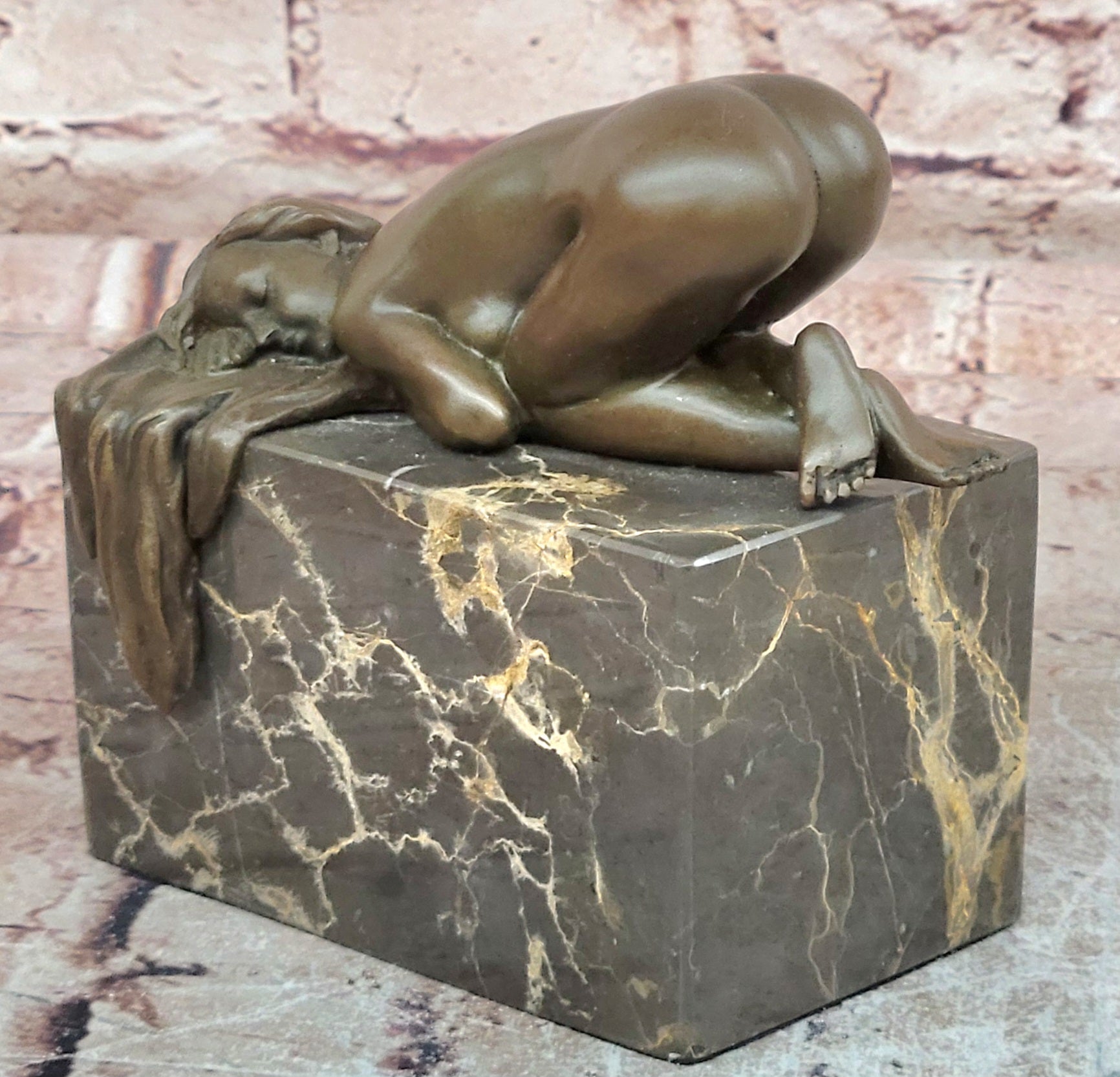 Sleeping Nude Girl Statue Woman Sculpture bronze Marble Base Naked Female Artwork Art
