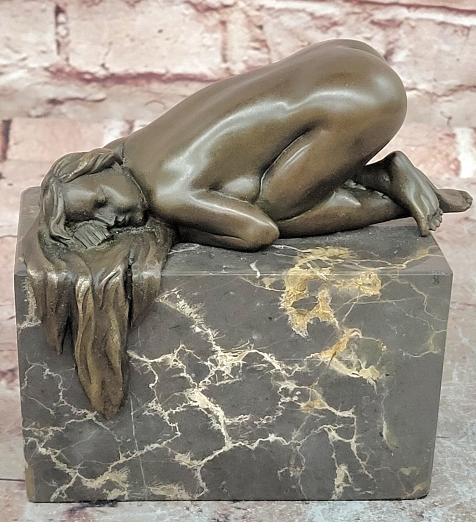 Sleeping Nude Girl Statue Woman Sculpture bronze Marble Base Naked Female Artwork Art