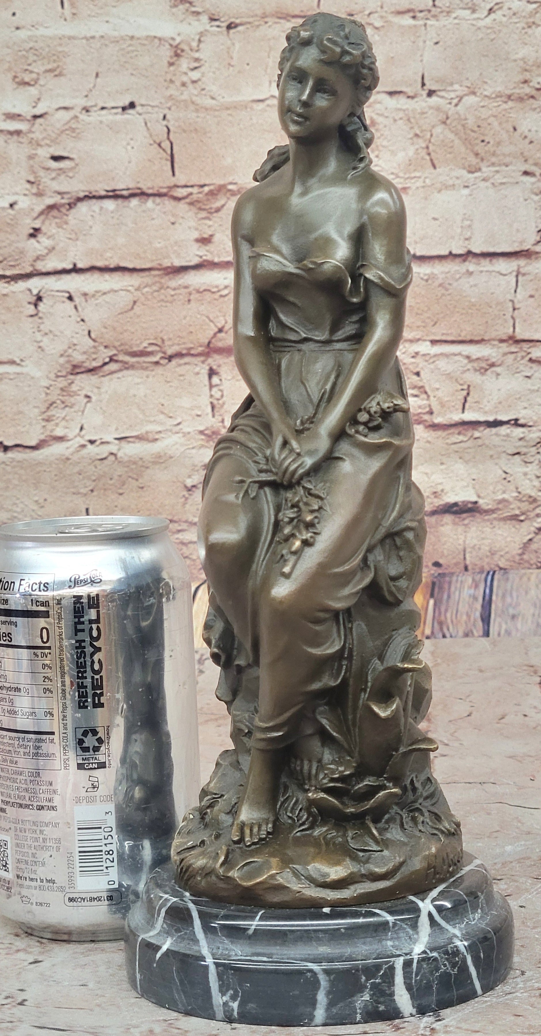 Hyppolyte Moreau Bronze Maiden Sitting on Floral Base Sculpture with Marble Pedestal