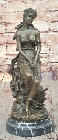 Hyppolyte Moreau Bronze Maiden Sitting on Floral Base Sculpture with Marble Pedestal