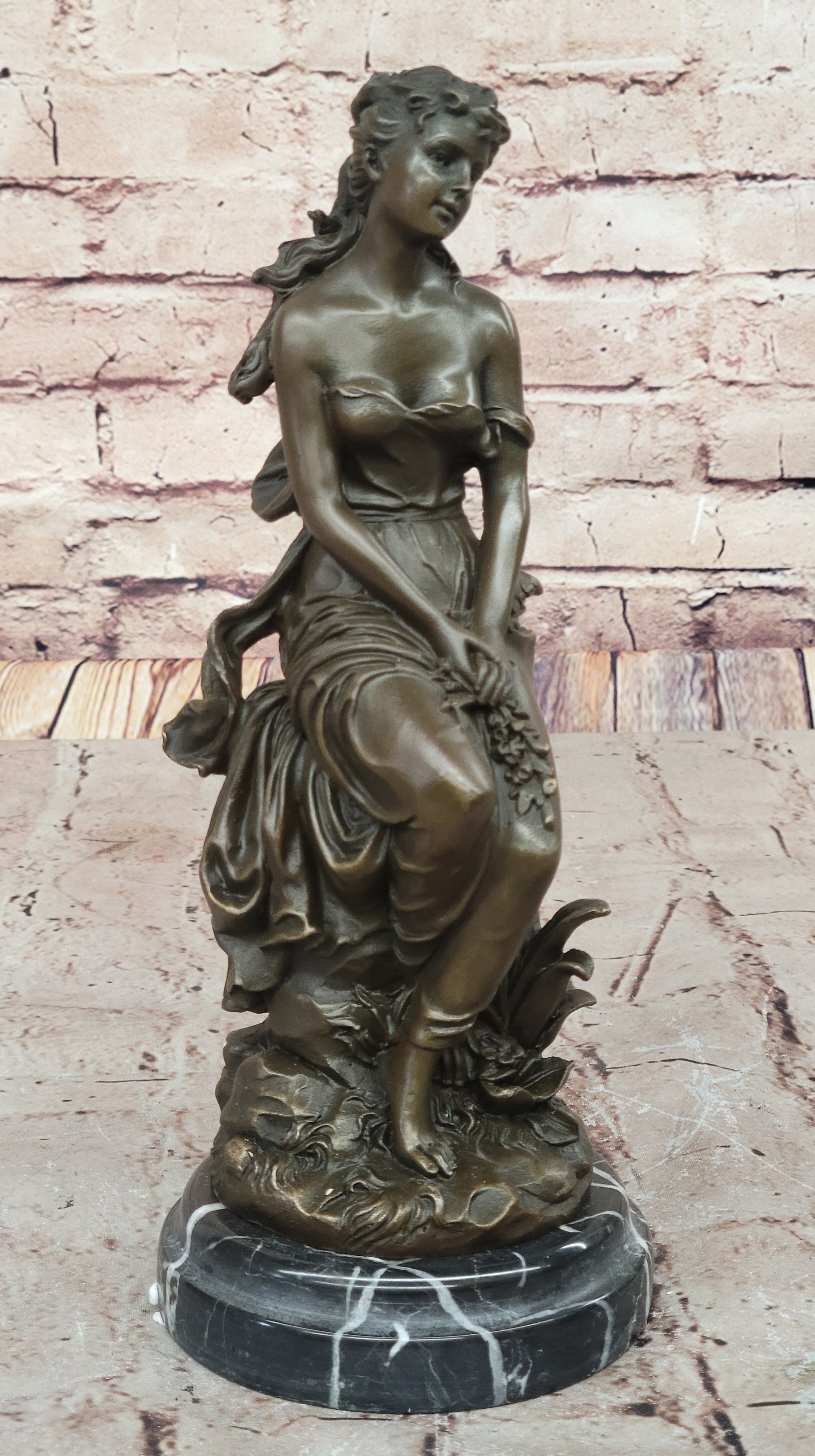 Hyppolyte Moreau Bronze Maiden Sitting on Floral Base Sculpture with Marble Pedestal