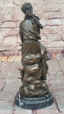 Hyppolyte Moreau Bronze Maiden Sitting on Floral Base Sculpture with Marble Pedestal