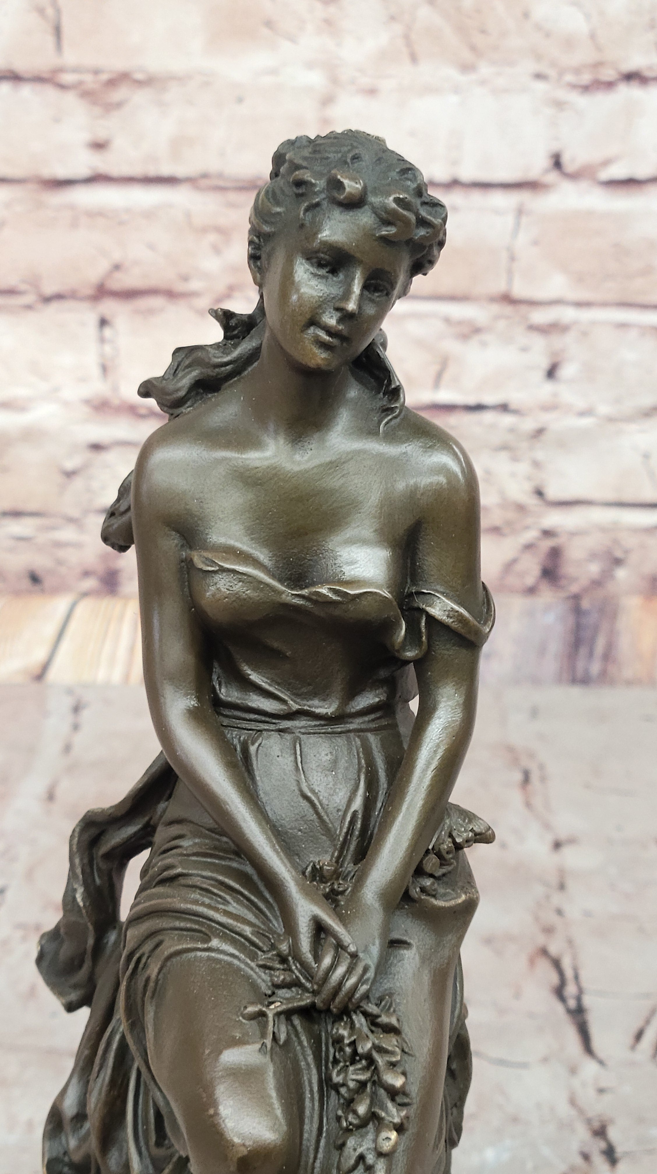 Hyppolyte Moreau Bronze Maiden Sitting on Floral Base Sculpture with Marble Pedestal