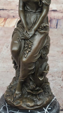 Hyppolyte Moreau Bronze Maiden Sitting on Floral Base Sculpture with Marble Pedestal