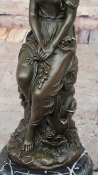 Hyppolyte Moreau Bronze Maiden Sitting on Floral Base Sculpture with Marble Pedestal